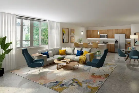 living room featuring natural light, stainless steel refrigerator, and microwave