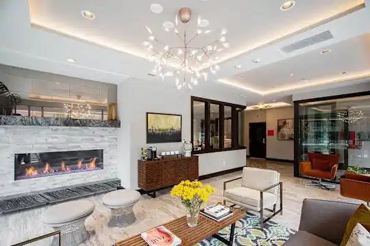building lobby with a chandelier