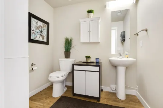 half bathroom featuring washbasin, mirror, and toilet