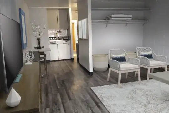 kitchen with TV, dark hardwood flooring, and light brown cabinets