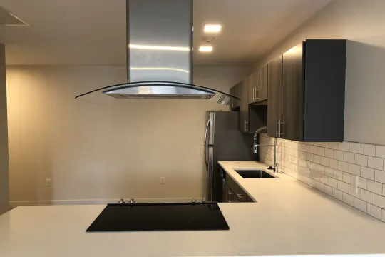 workout room with electric cooktop, refrigerator, and ventilation hood
