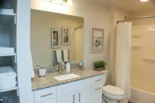full bathroom with mirror, toilet, vanity, bathtub / shower combination, and shower curtain