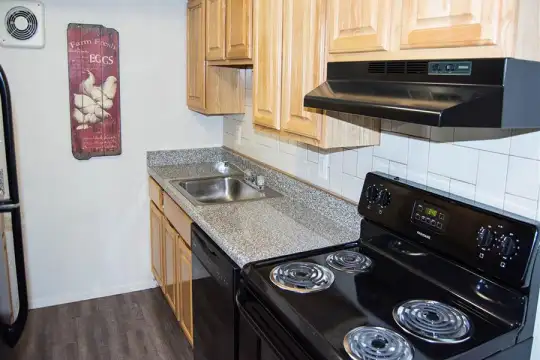 kitchen with range hood, dishwasher, dark hardwood flooring, and light brown cabinetry