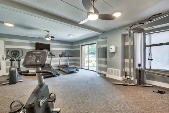 gym featuring a ceiling fan, carpet, wood beam ceiling, natural light, and TV