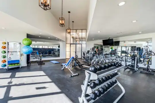 workout area with a high ceiling, parquet floors, and TV