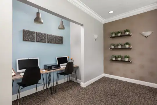 carpeted office space with TV