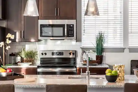 kitchen with a healthy amount of sunlight, stainless steel microwave, electric range oven, dark brown cabinets, and pendant lighting