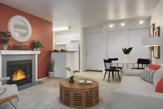 living room featuring carpet, a fireplace, and refrigerator
