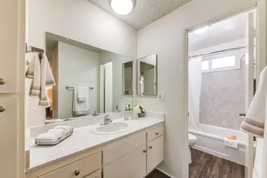 full bathroom with natural light, toilet, shower / washtub combination, vanity, shower curtain, and multiple mirrors