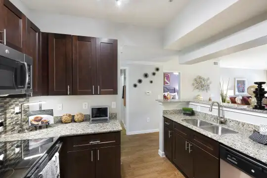kitchen featuring stainless steel appliances, light hardwood flooring, light granite-like countertops, and dark brown cabinets