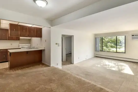 kitchen featuring carpet, natural light, baseboard radiator, range oven, fume extractor, light flooring, dark brown cabinetry, and light countertops