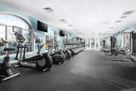 workout area with carpet, natural light, and TV