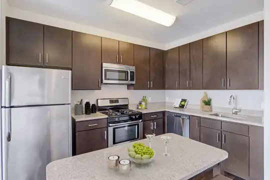 kitchen featuring gas range oven, stainless steel appliances, light countertops, and dark brown cabinets