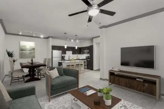 living room featuring a ceiling fan, refrigerator, TV, and range oven