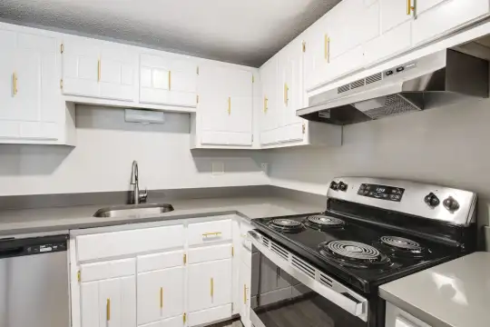kitchen with ventilation hood, electric range oven, stainless steel dishwasher, and white cabinets