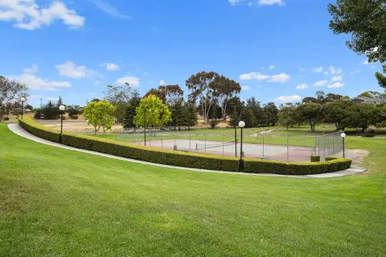 view of property's community with an expansive lawn