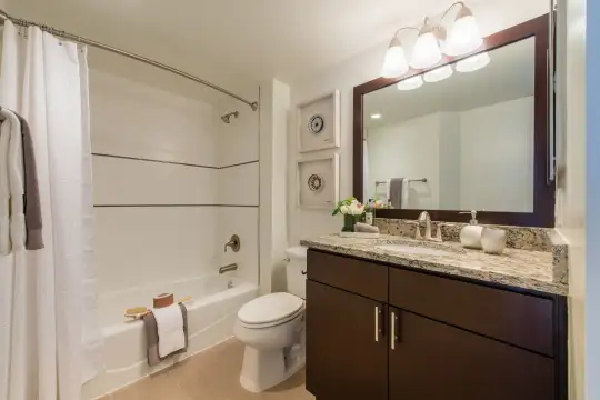 full bathroom featuring tile floors, mirror, vanity, toilet, washtub / shower combination, and shower curtain