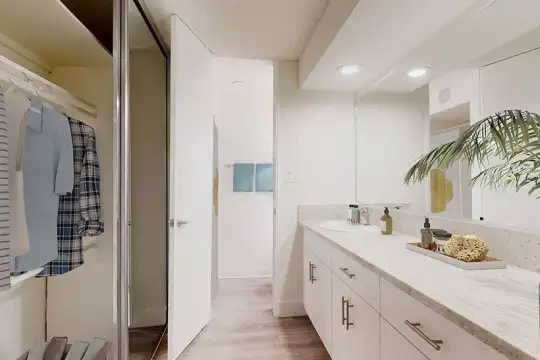 bathroom featuring hardwood floors, mirror, and vanity