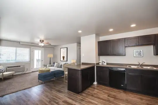 kitchen featuring a ceiling fan, natural light, dishwasher, dark parquet floors, and dark brown cabinets