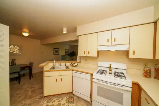 kitchen with range hood, gas range oven, TV, dishwasher, light flooring, light countertops, and white cabinets