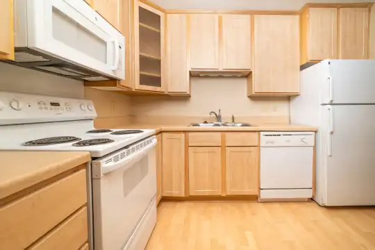 kitchen with electric range oven, refrigerator, dishwasher, microwave, light brown cabinetry, light parquet floors, and light countertops