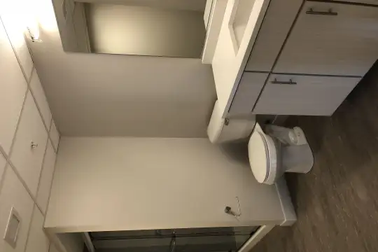 bathroom featuring lofted ceiling