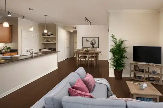 hardwood floored living room with TV