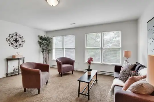living room featuring carpet, natural light, and baseboard radiator