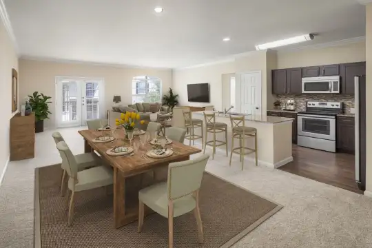 dining area with carpet, natural light, stainless steel microwave, TV, and range oven