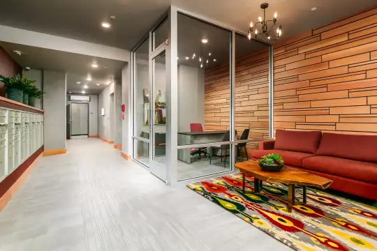 community lobby featuring hardwood floors and a deck