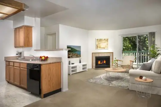kitchen with carpet, natural light, a fireplace, dishwasher, TV, light flooring, light countertops, and brown cabinetry