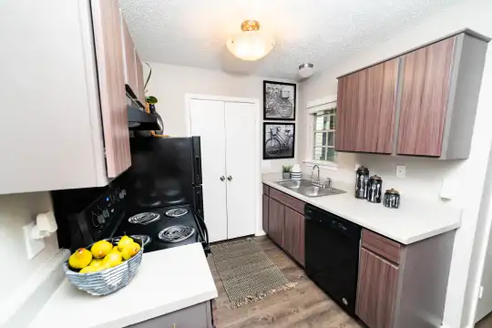 kitchen with refrigerator, dishwasher, exhaust hood, dark brown cabinetry, light countertops, and light hardwood flooring