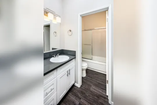 full bathroom featuring parquet floors, vanity with extensive cabinet space, combined bath / shower with glass door, mirror, and toilet