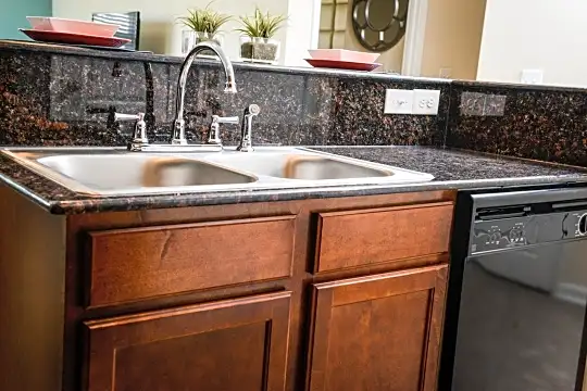 kitchen featuring dishwasher, dark brown cabinetry, and dark countertops