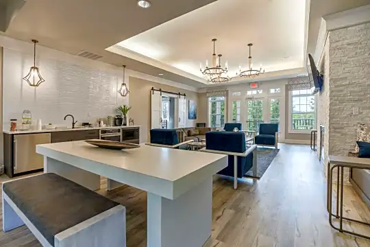 kitchen featuring a notable chandelier, dishwasher, TV, dark brown cabinets, pendant lighting, light hardwood flooring, and light countertops