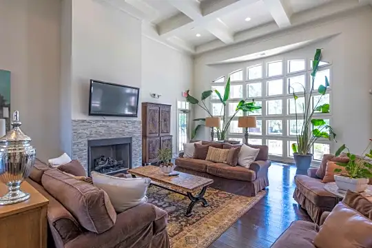 living room with a high ceiling, hardwood flooring, a fireplace, natural light, and TV