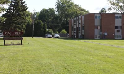 yard featuring a large lawn, Pine Tree Apartments, 0