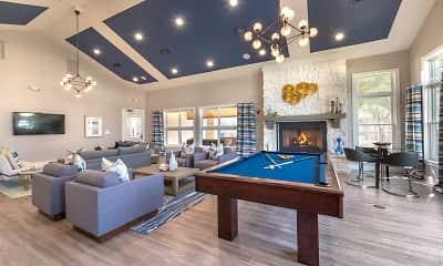 game room featuring a notable chandelier, hardwood flooring, a fireplace, natural light, and TV, Olympus Town Center, 0