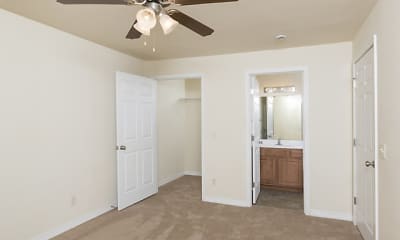 bedroom featuring a ceiling fan and carpet, Embassy Apartments, 2