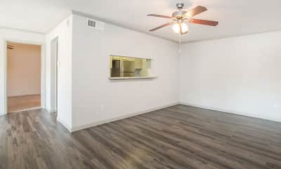 empty room with a ceiling fan, hardwood floors, and refrigerator, Elm Grove Apartments, 2