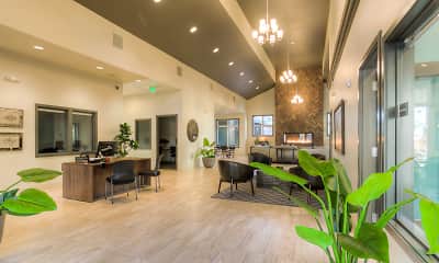 welcome area with vaulted ceiling and hardwood flooring, Puget Park Apartments, 1