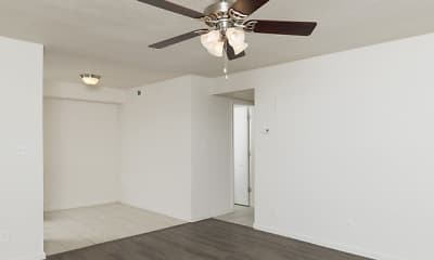 wood floored empty room featuring a ceiling fan, Rosewood Village Apartments, 2