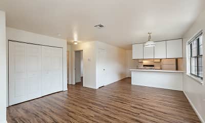 living room featuring natural light, hardwood flooring, and refrigerator, Lost Tree Apartments, 1
