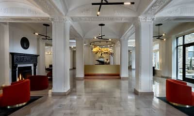 lobby featuring hardwood floors, natural light, and a fireplace, Camden Roosevelt, 0
