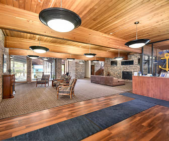 living room featuring wood beam ceiling and hardwood flooring, Harbor Pointe Apartment