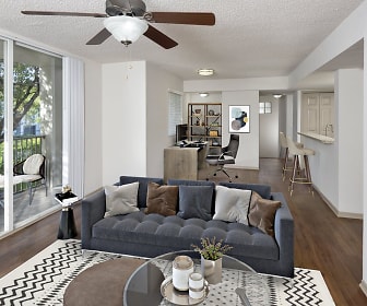 hardwood floored living room featuring a ceiling fan and a healthy amount of sunlight, Camden Doral