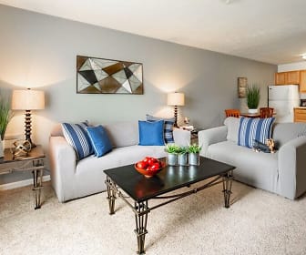 carpeted living room featuring refrigerator, Indian Springs Apartments and Townhomes