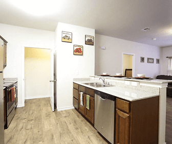 kitchen featuring refrigerator, stainless steel dishwasher, range oven, dark brown cabinets, light granite-like countertops, and light hardwood floors, Homestead Apartments