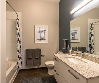 full bathroom with tile flooring, mirror, toilet, vanity, bathing tub / shower combination, and shower curtain, RE150