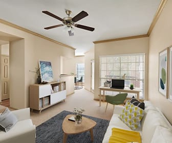carpeted living room with natural light, a ceiling fan, and TV, Camden Stonebridge